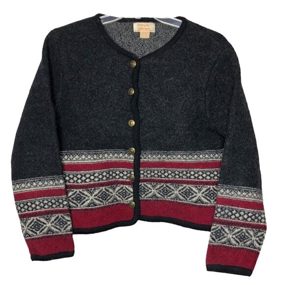 VINTAGE - Tally-Ho - 100% Wool Fair Isle Nordic Cardigan - Size PL Petite Large - Picture 1 of 6